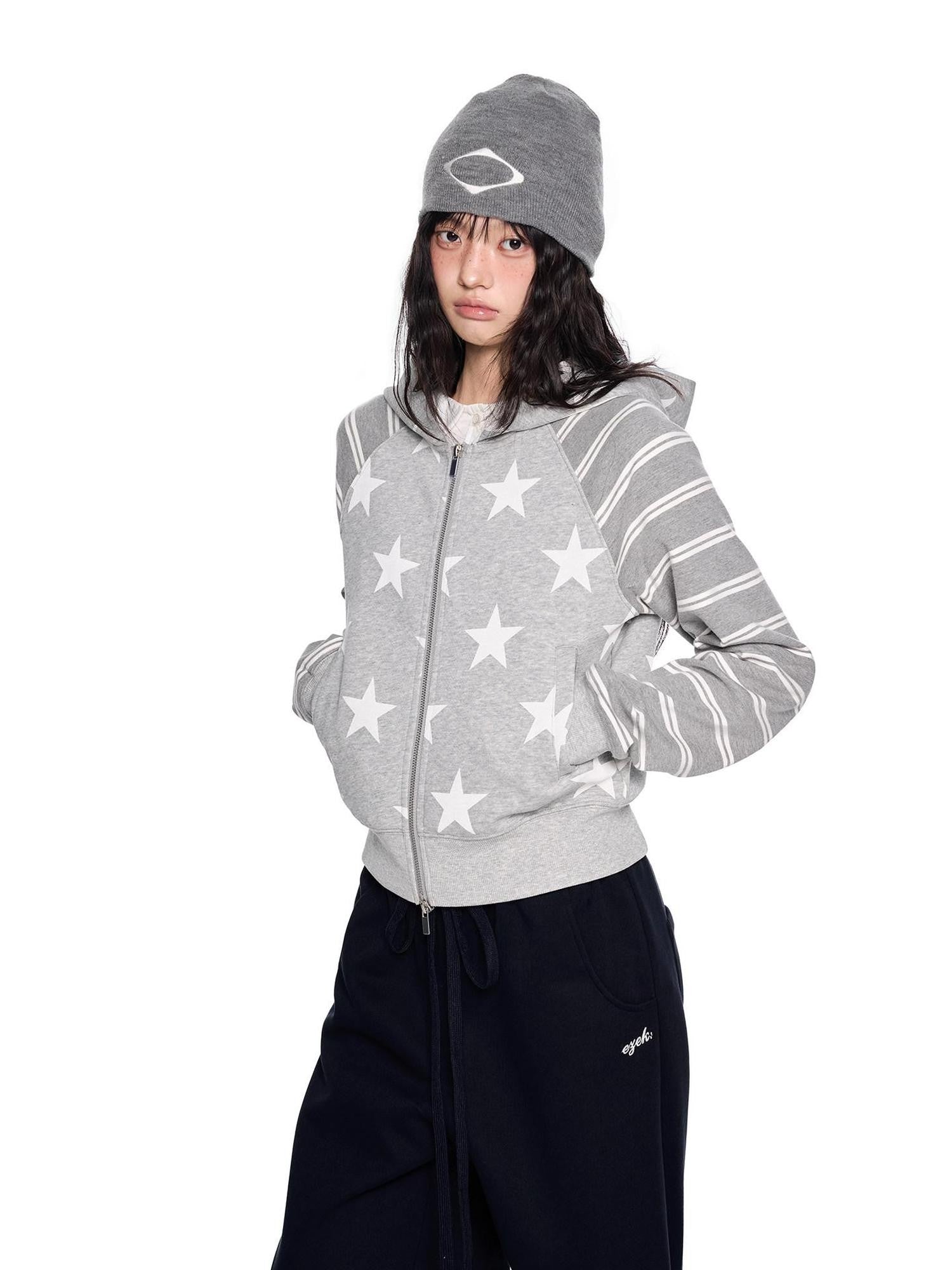 EZEK Heather Gray Star Print Striped Colorblock Women's Cotton Blend Zip-up Hoodies