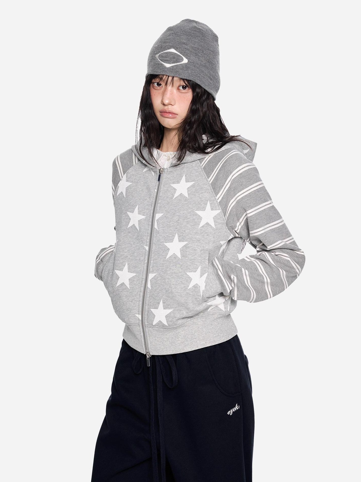 EZEK Heather Gray Star Print Striped Colorblock Women's Cotton Blend Zip-up Hoodies