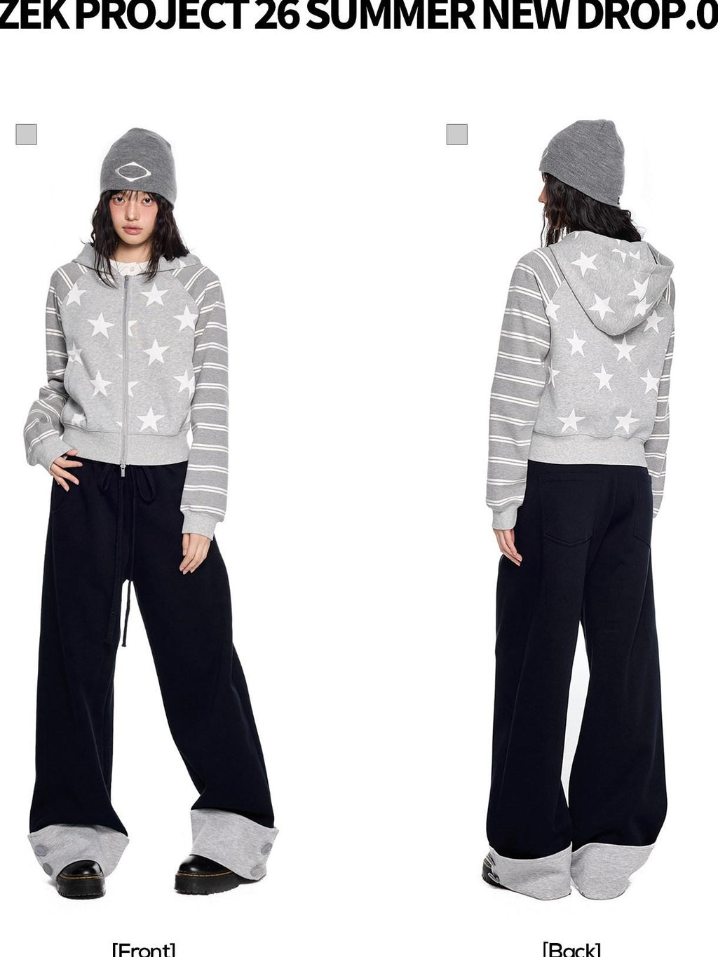 EZEK Heather Gray Star Print Striped Colorblock Women's Cotton Blend Zip-up Hoodies