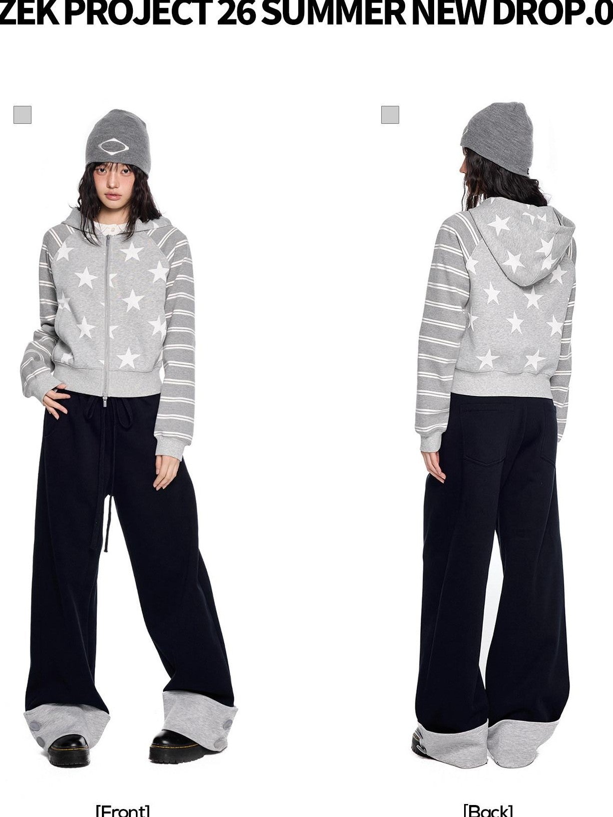 EZEK Heather Gray Star Print Striped Colorblock Women's Cotton Blend Zip-up Hoodies