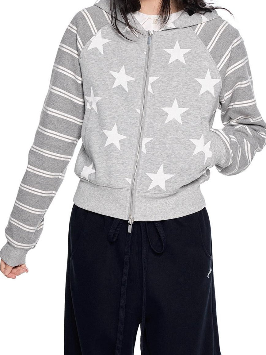 EZEK Heather Gray Star Print Striped Colorblock Women's Cotton Blend Zip-up Hoodies