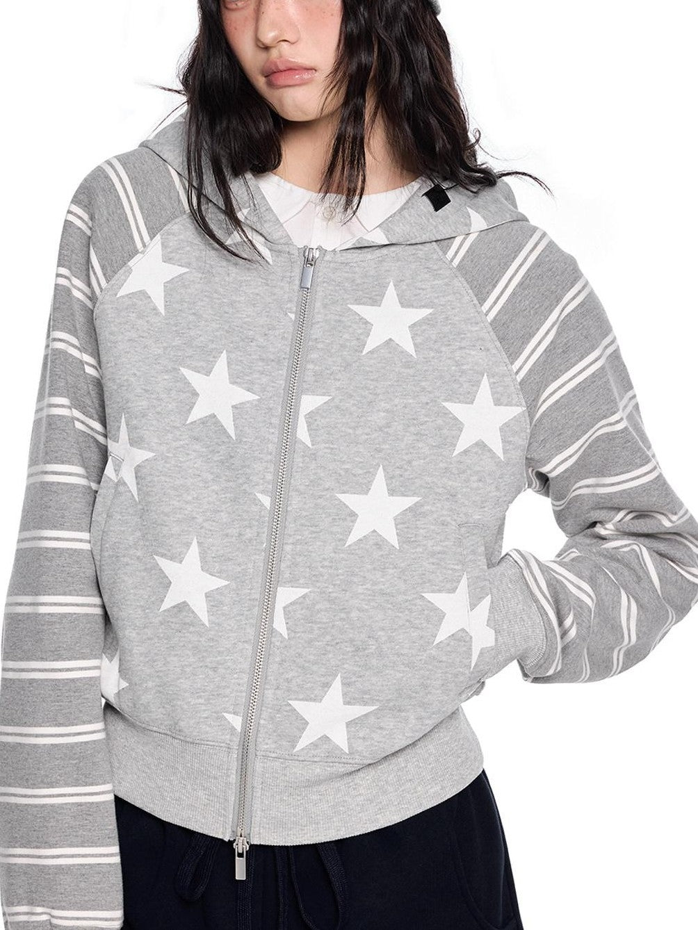 EZEK Heather Gray Star Print Striped Colorblock Women's Cotton Blend Zip-up Hoodies