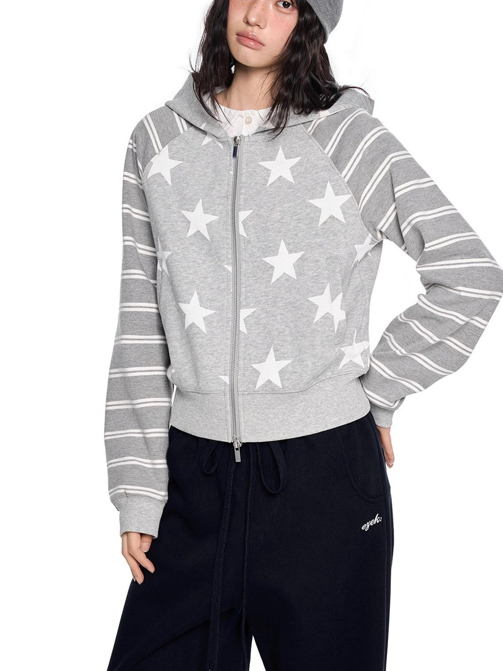 EZEK Heather Gray Star Print Striped Colorblock Women's Cotton Blend Zip-up Hoodies
