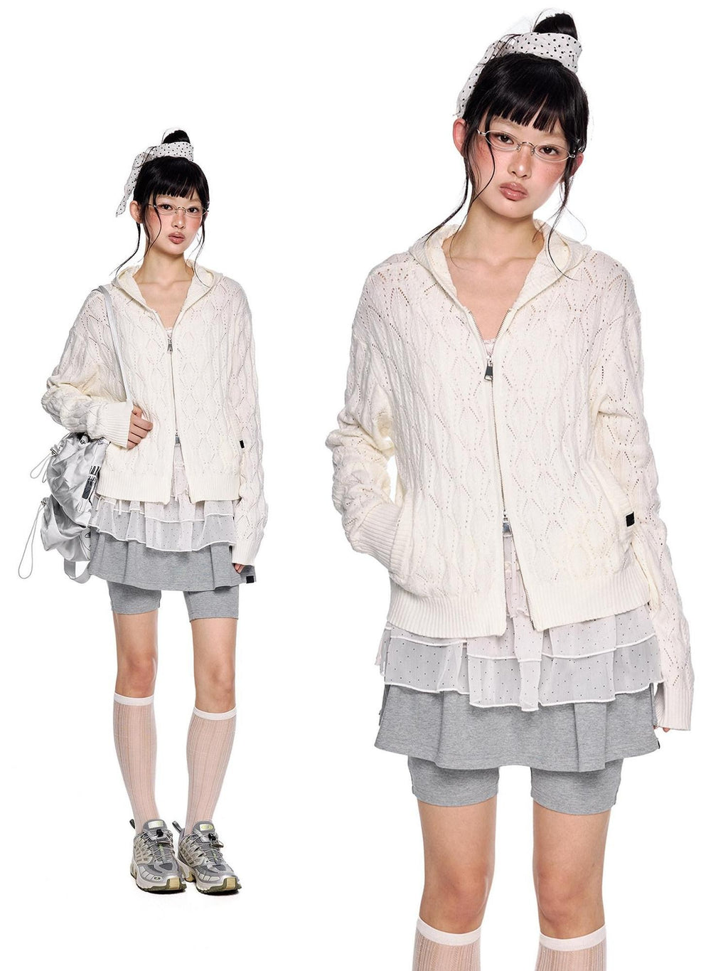 EZEK Hooded Diamond Cable Openwork Knitted Women's Cotton Blend Cardigans