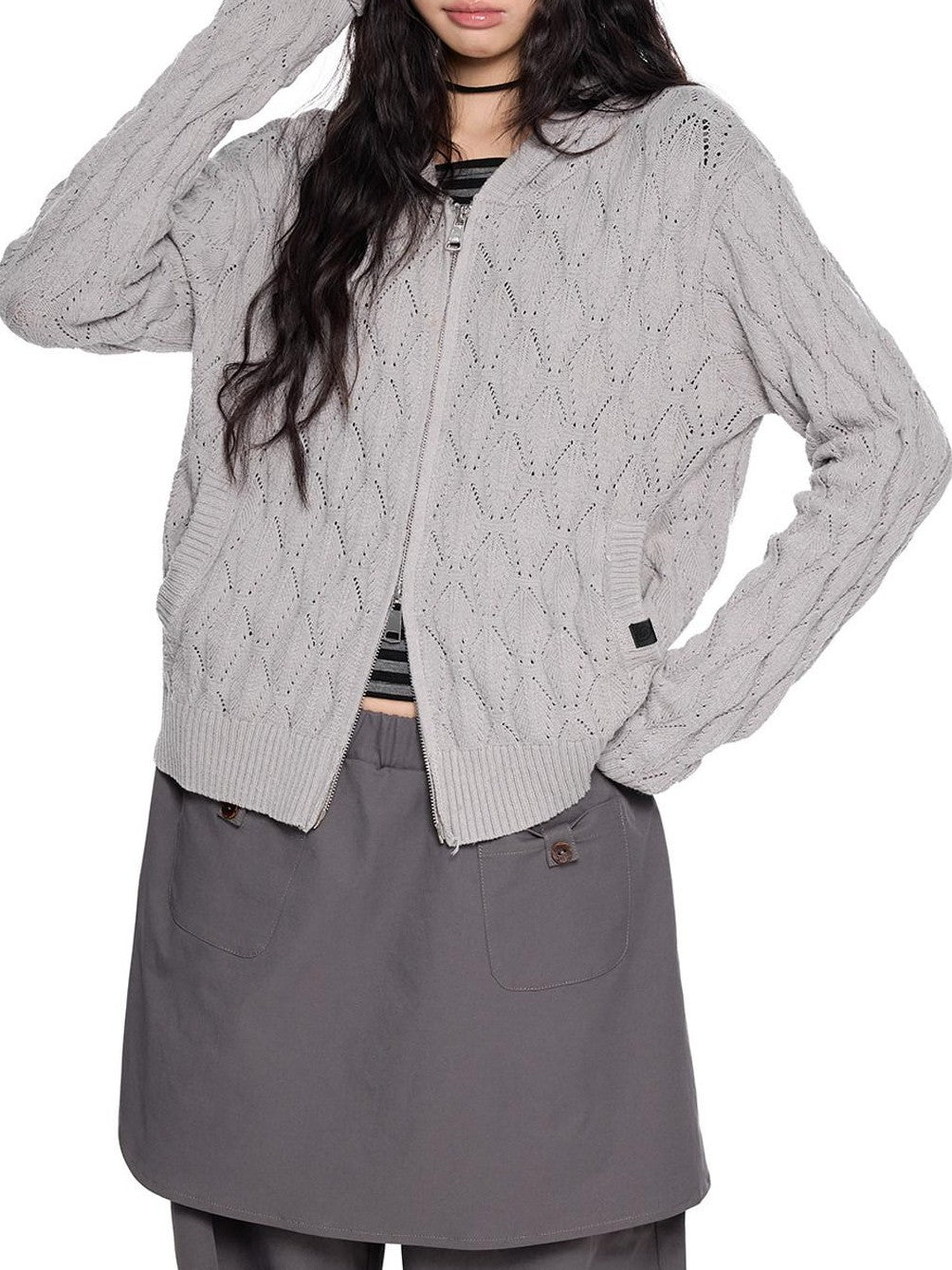EZEK Hooded Diamond Cable Openwork Knitted Women's Cotton Blend Cardigans