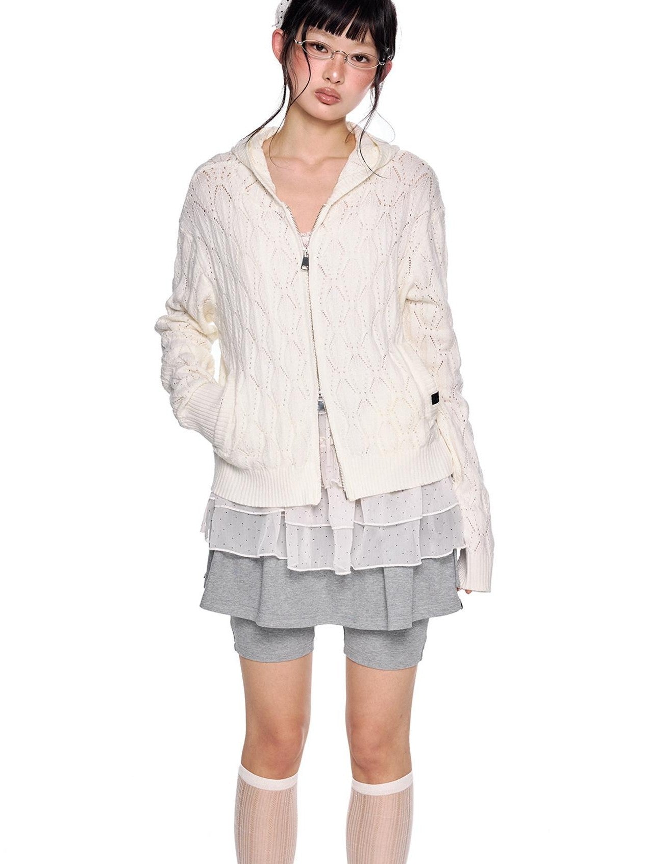 EZEK Hooded Diamond Cable Openwork Knitted Women's Cotton Blend Cardigans