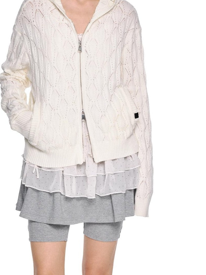 EZEK Hooded Diamond Cable Openwork Knitted Women's Cotton Blend Cardigans