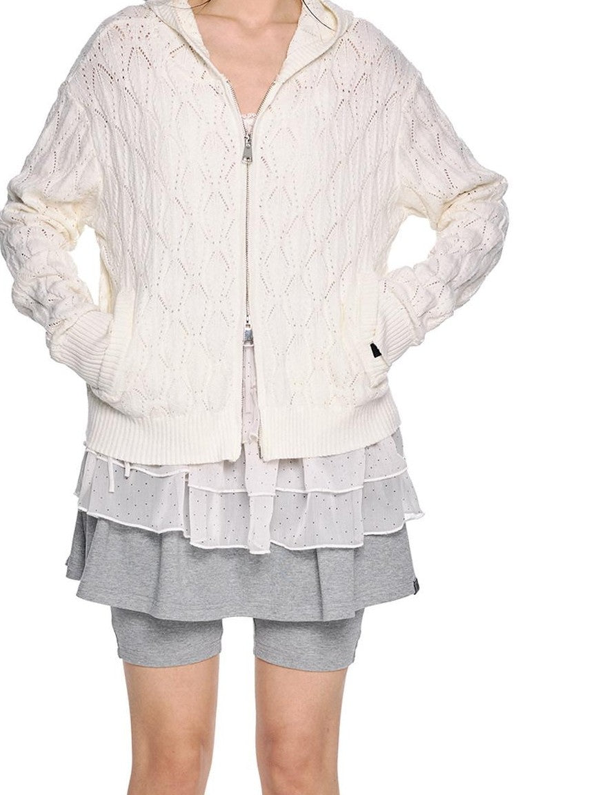 EZEK Hooded Diamond Cable Openwork Knitted Women's Cotton Blend Cardigans