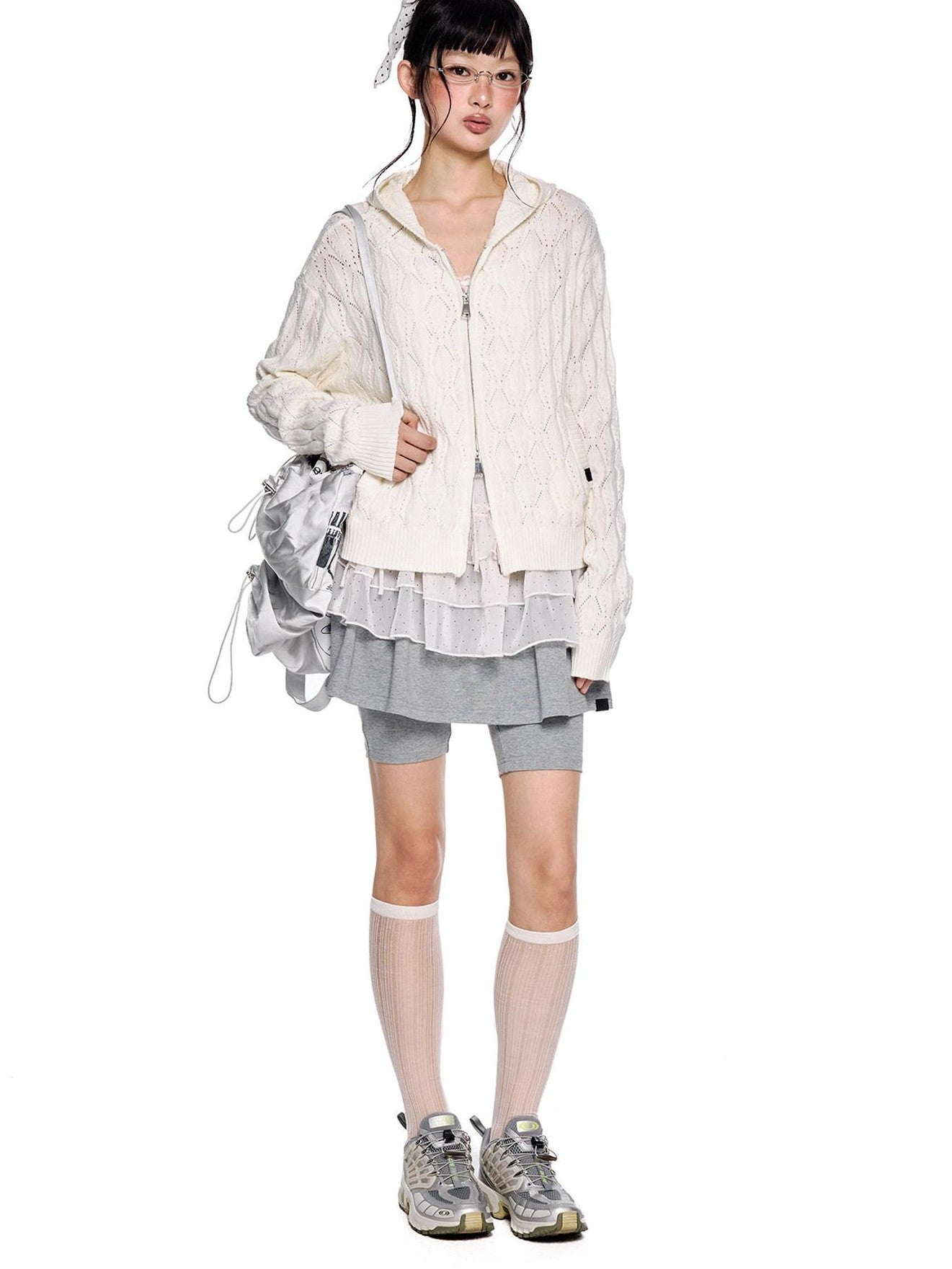 EZEK Hooded Diamond Cable Openwork Knitted Women's Cotton Blend Cardigans