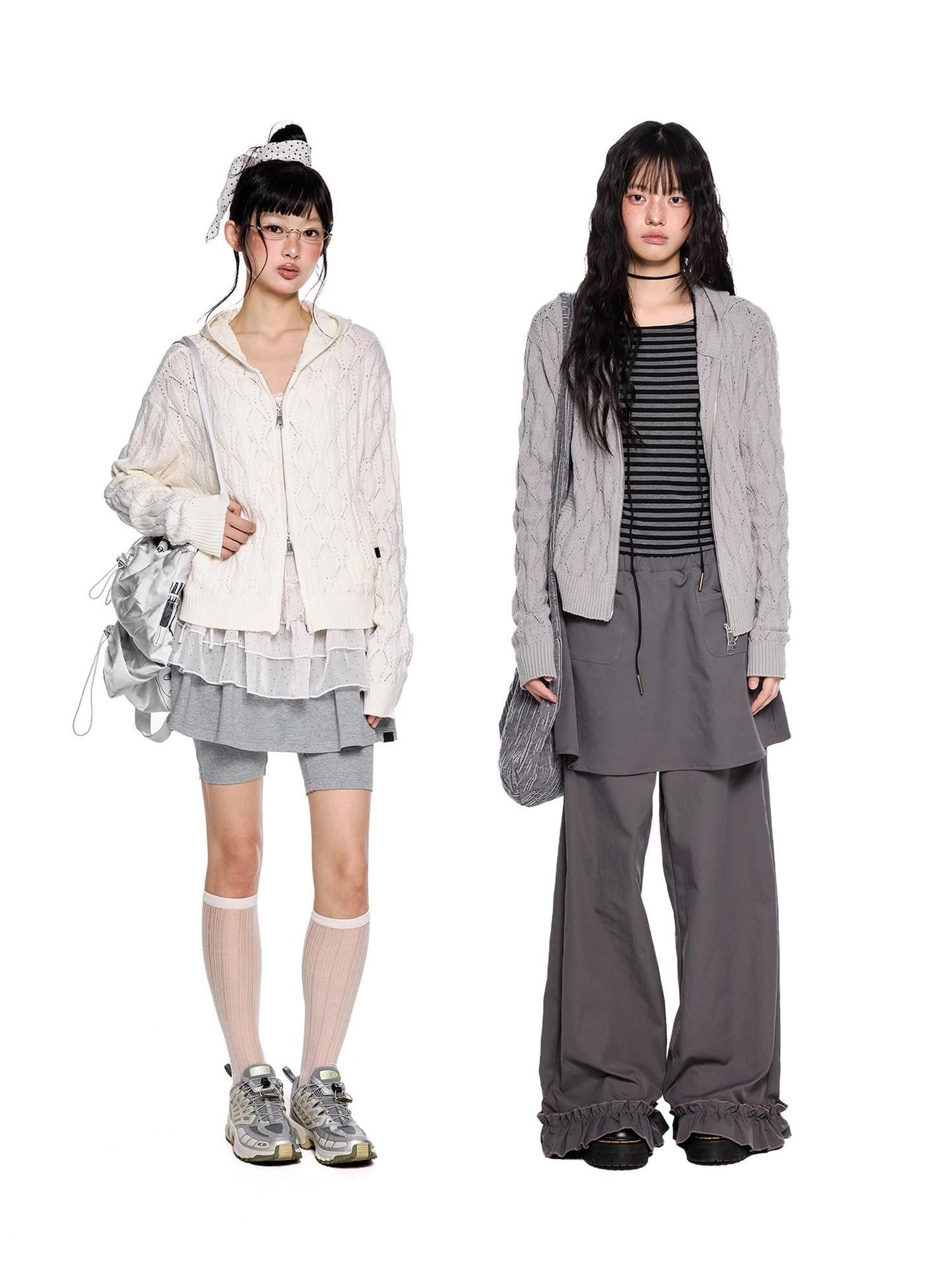 EZEK Hooded Diamond Cable Openwork Knitted Women's Cotton Blend Cardigans