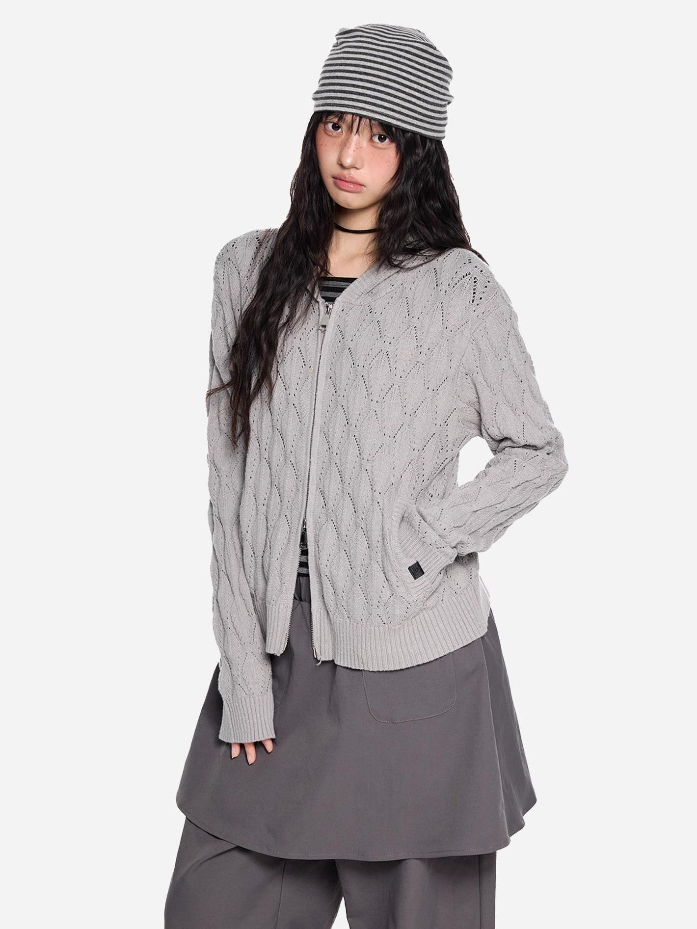 EZEK Hooded Diamond Cable Openwork Knitted Women's Cotton Blend Cardigans