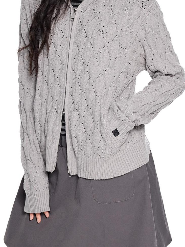 EZEK Hooded Diamond Cable Openwork Knitted Women's Cotton Blend Cardigans