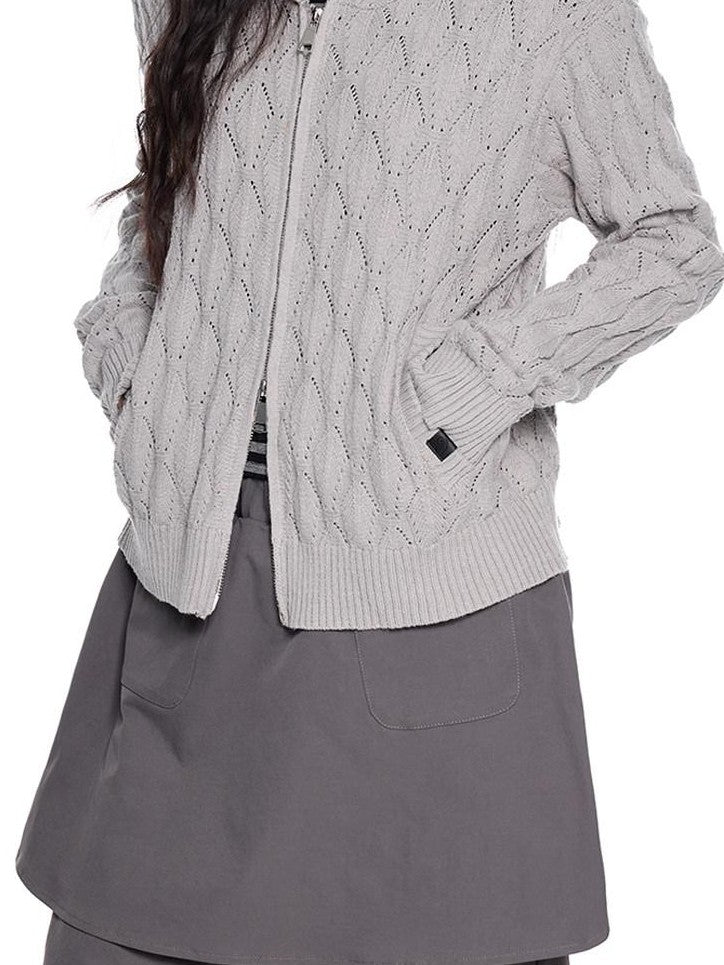 EZEK Hooded Diamond Cable Openwork Knitted Women's Cotton Blend Cardigans