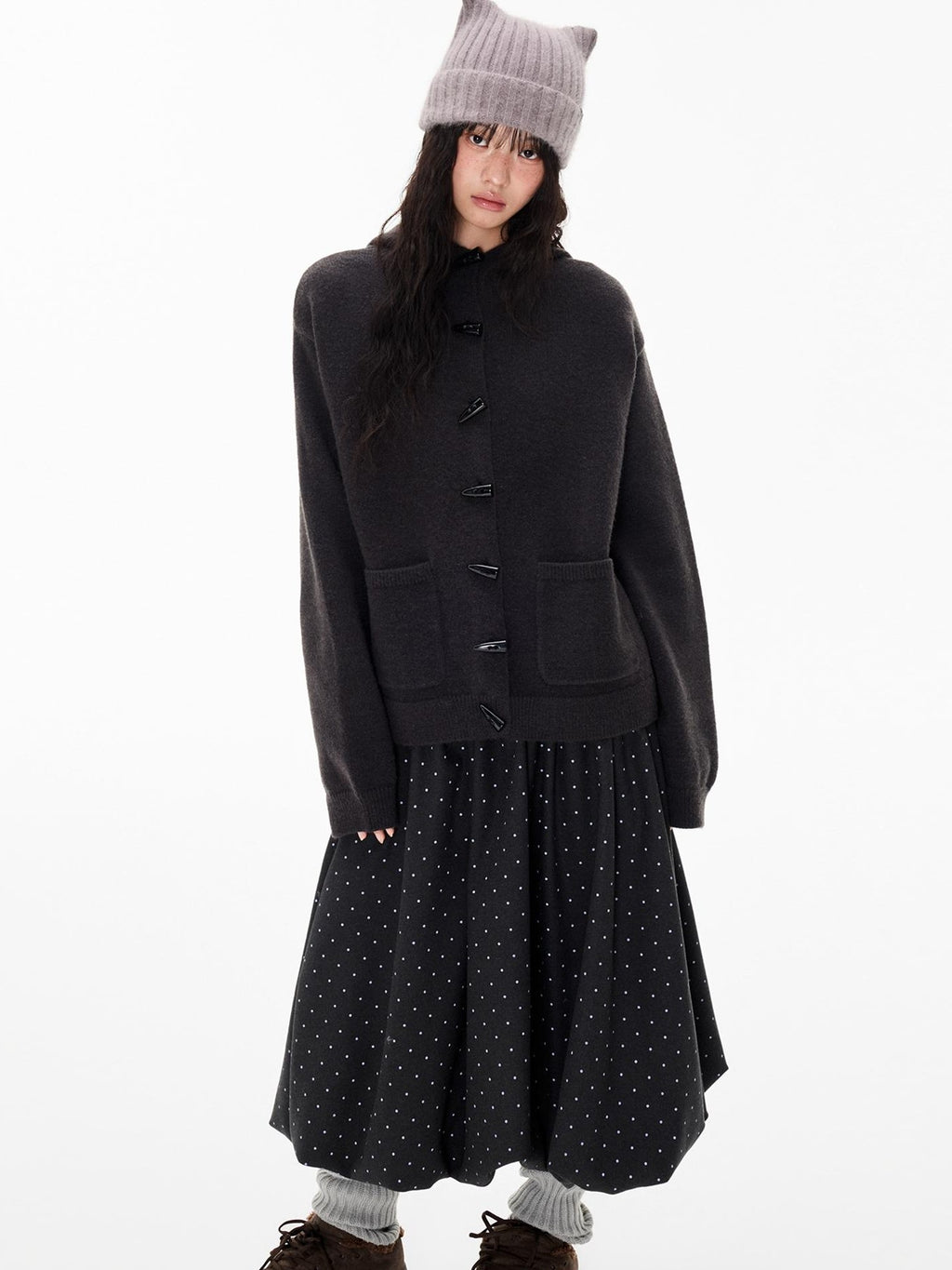 EZEK Horn Button Hooded Knit Women's Loose Fit Cardigans