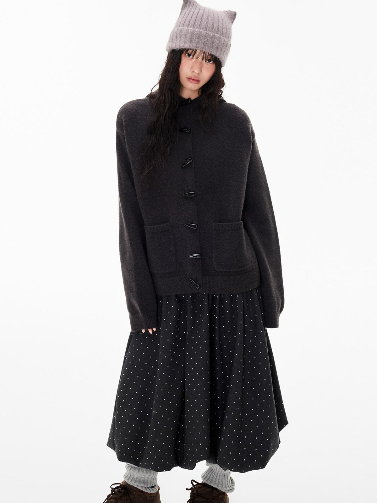 EZEK Horn Button Hooded Knit Women's Loose Fit Cardigans