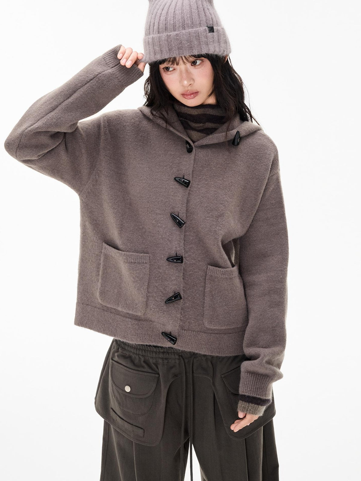 EZEK Horn Button Hooded Knit Women's Loose Fit Cardigans