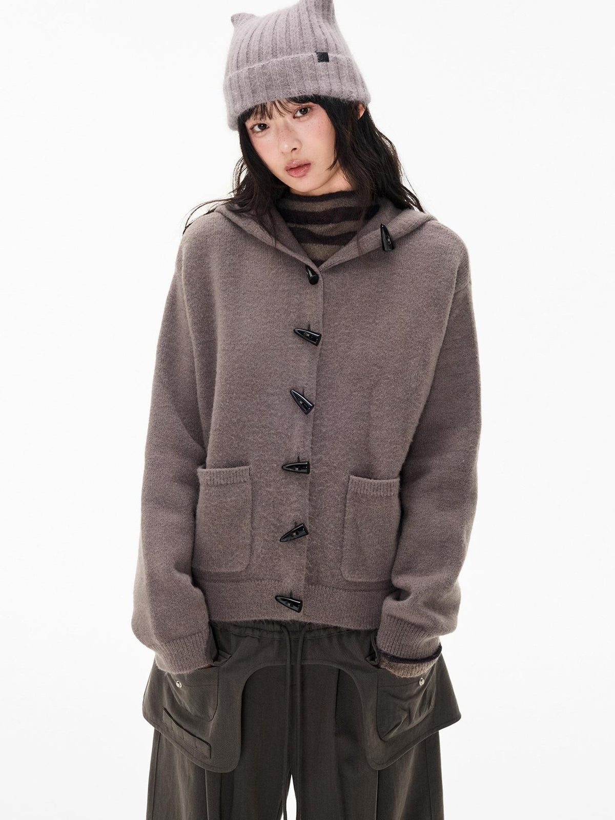 EZEK Horn Button Hooded Knit Women's Loose Fit Cardigans