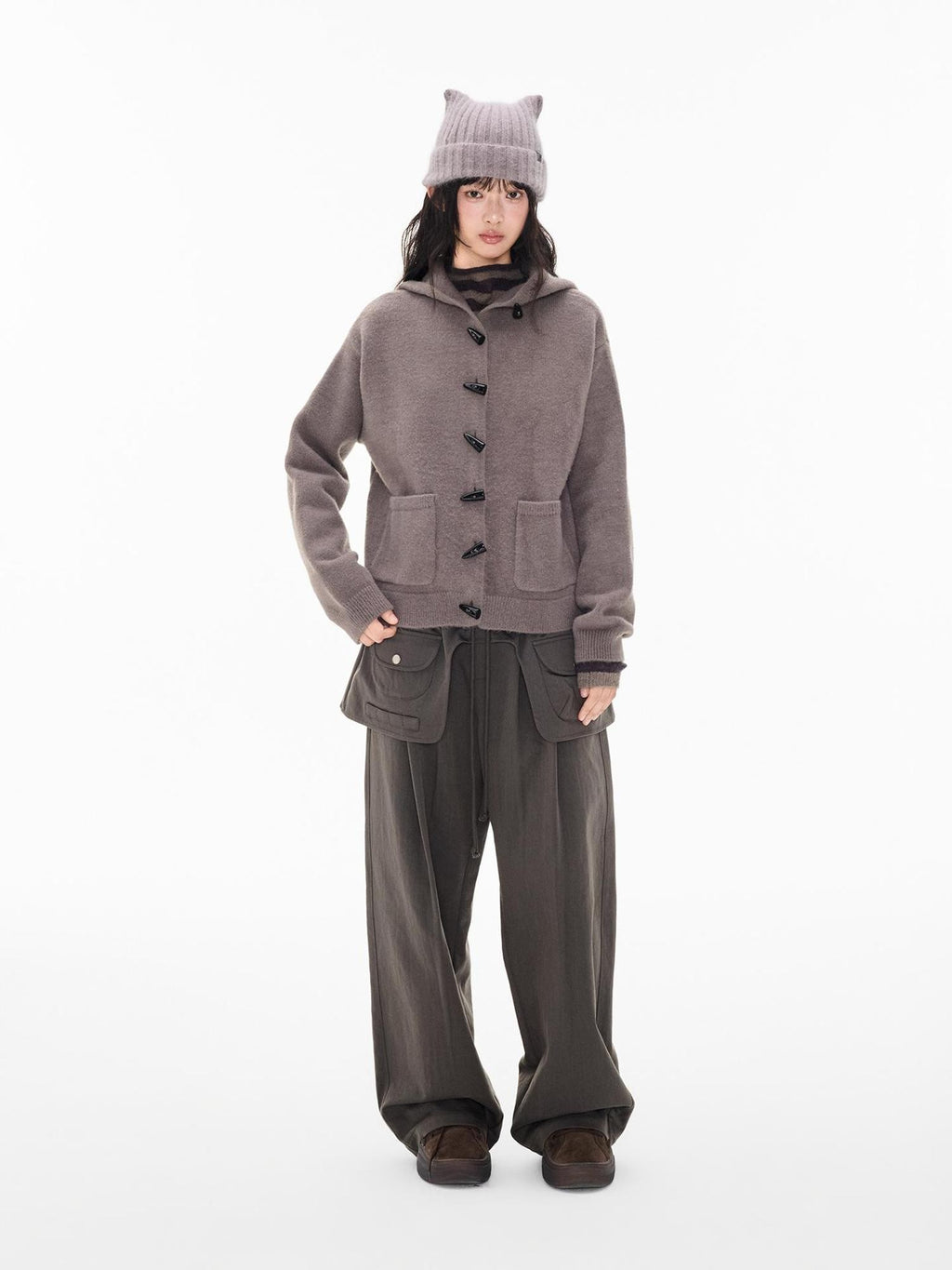 EZEK Horn Button Hooded Knit Women's Loose Fit Cardigans