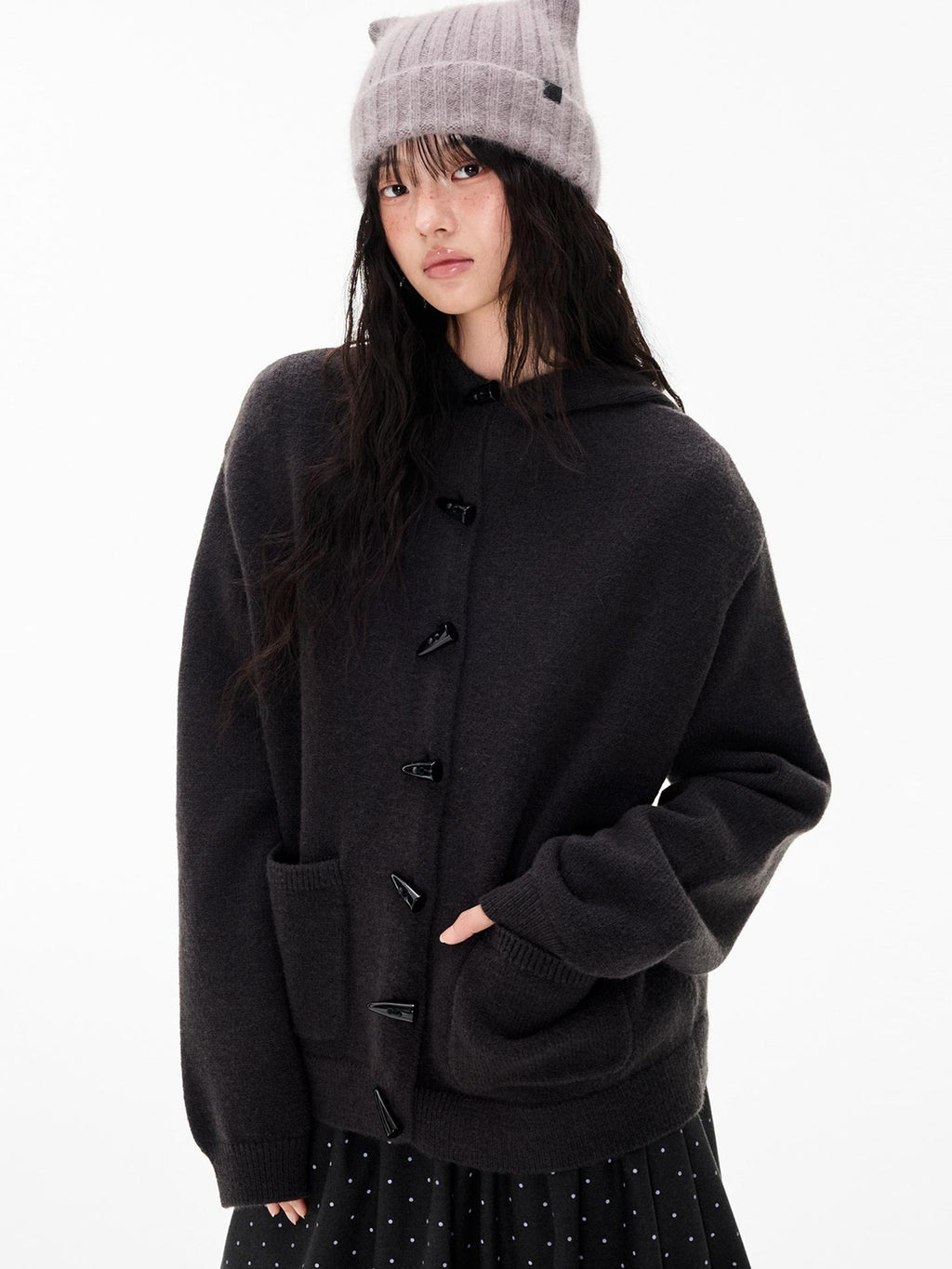 EZEK Horn Button Hooded Knit Women's Loose Fit Cardigans