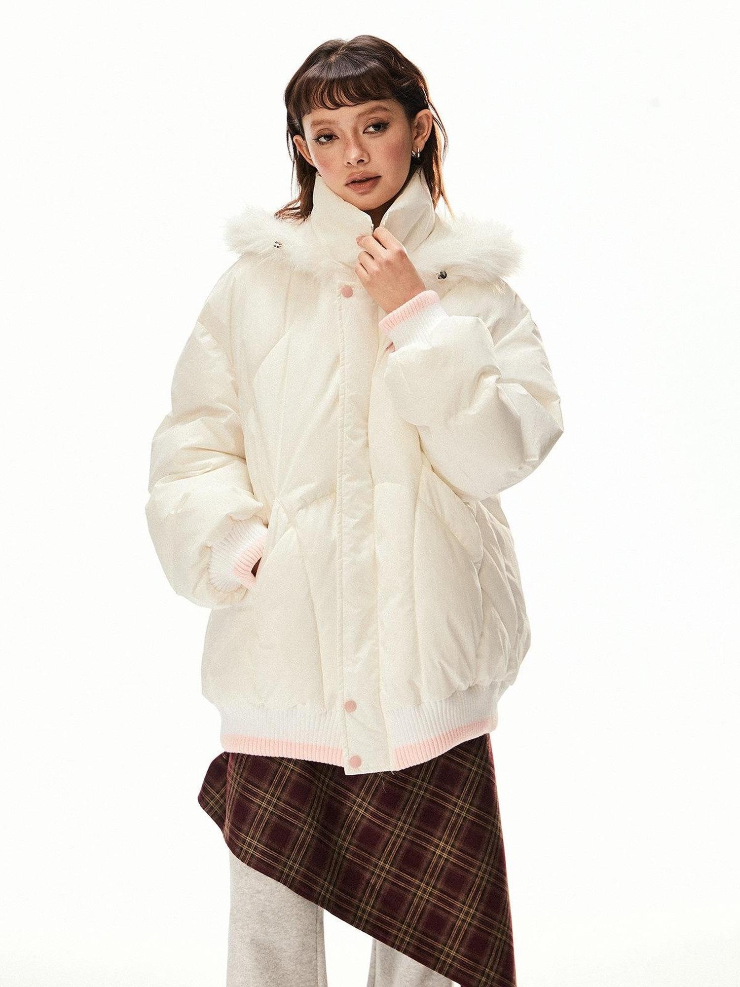 EZEK Ivory Fur Collar Hooded Zipper Loose Fit Petite Women's Cotton Puffer Jackets