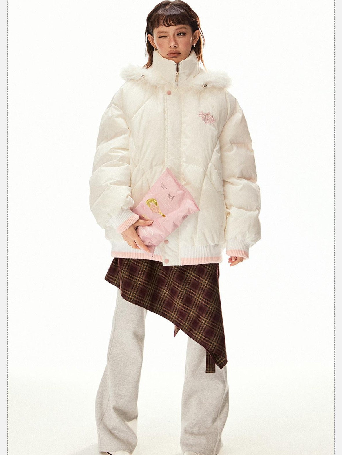 EZEK Ivory Fur Collar Hooded Zipper Loose Fit Petite Women's Cotton Puffer Jackets
