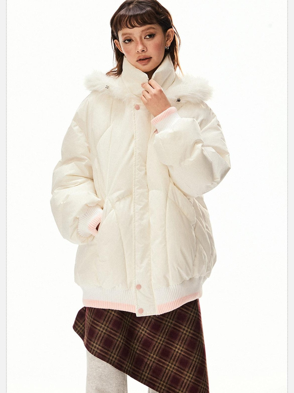 EZEK Ivory Fur Collar Hooded Zipper Loose Fit Petite Women's Cotton Puffer Jackets
