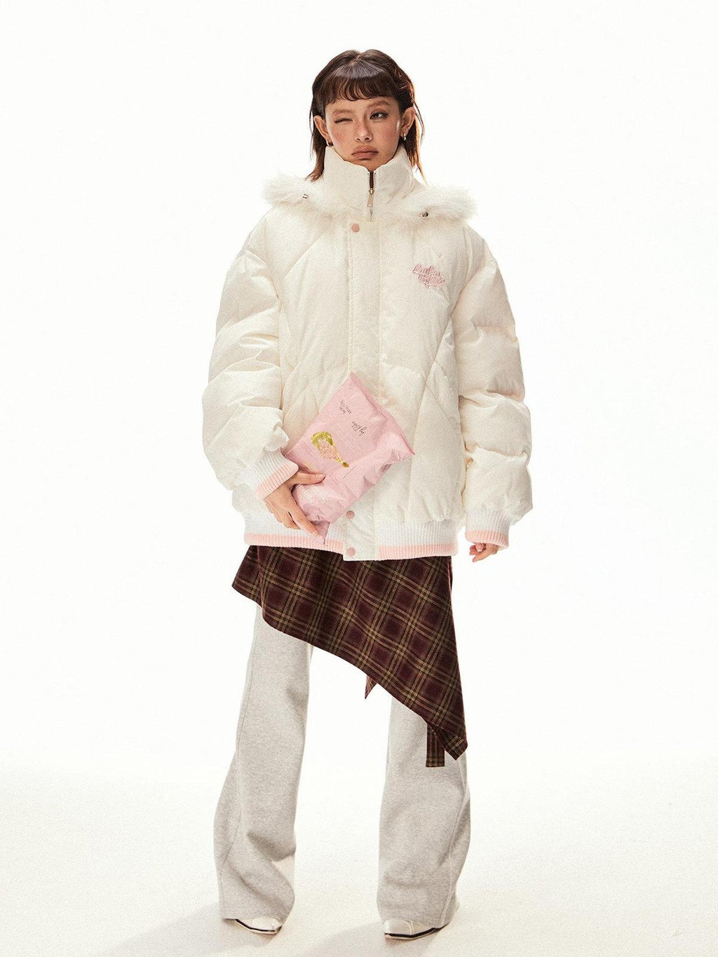 EZEK Ivory Fur Collar Hooded Zipper Loose Fit Petite Women's Cotton Puffer Jackets