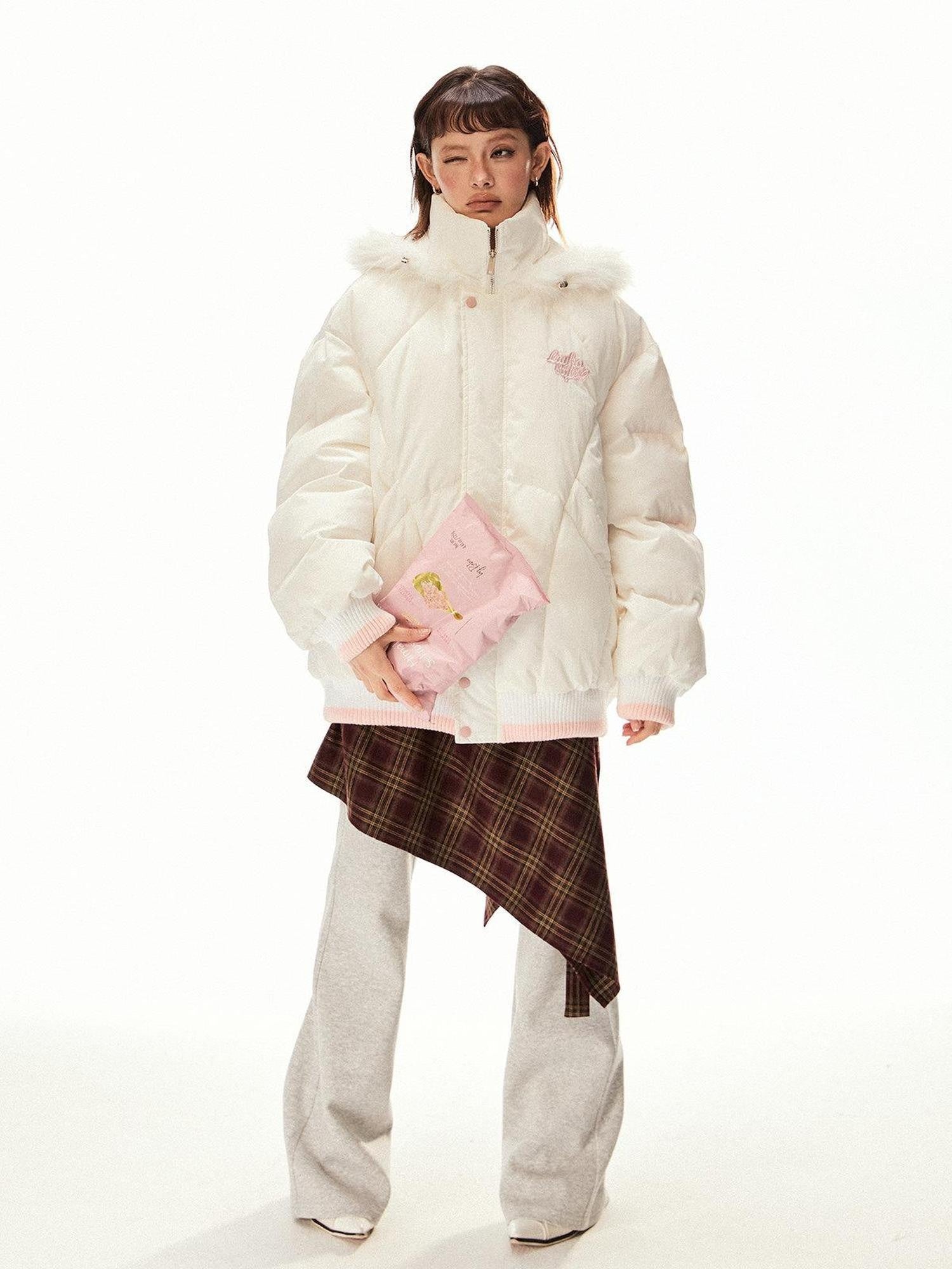 EZEK Ivory Fur Collar Hooded Zipper Loose Fit Petite Women's Cotton Puffer Jackets