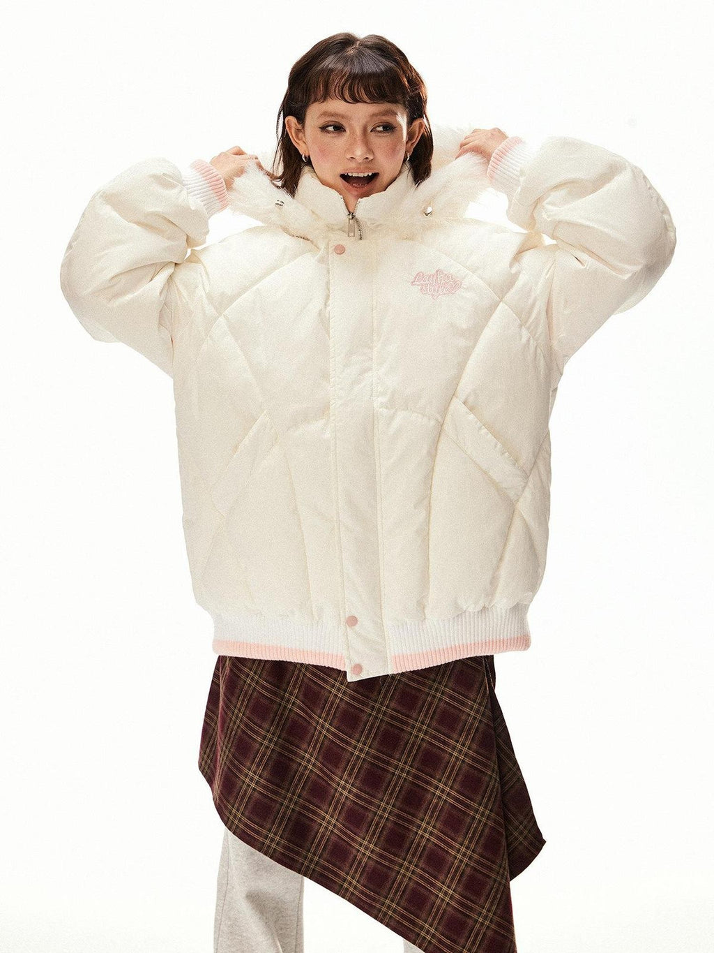 EZEK Ivory Fur Collar Hooded Zipper Loose Fit Petite Women's Cotton Puffer Jackets