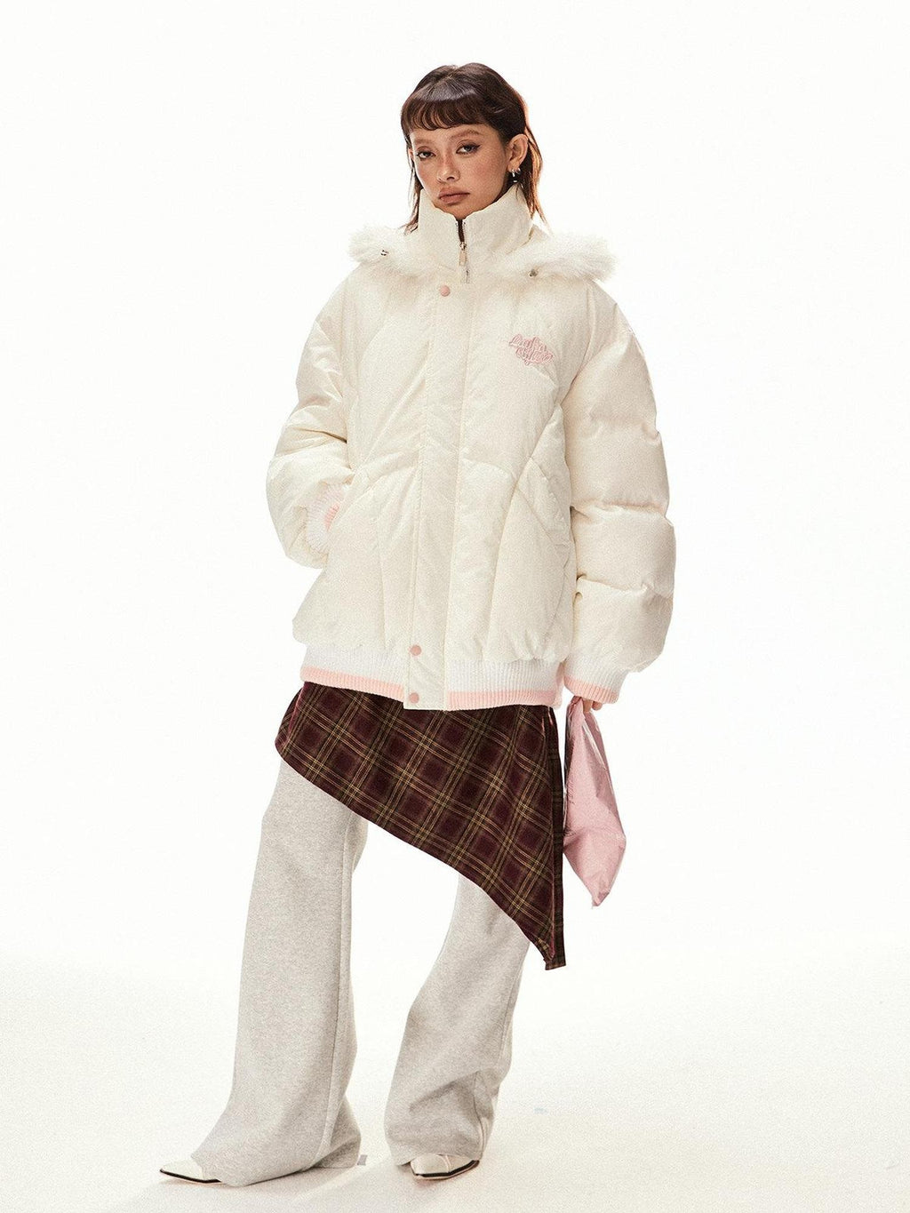 EZEK Ivory Fur Collar Hooded Zipper Loose Fit Petite Women's Cotton Puffer Jackets