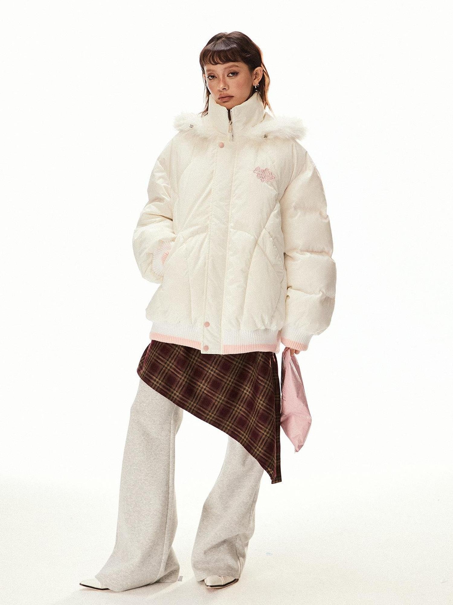 EZEK Ivory Fur Collar Hooded Zipper Loose Fit Petite Women's Cotton Puffer Jackets