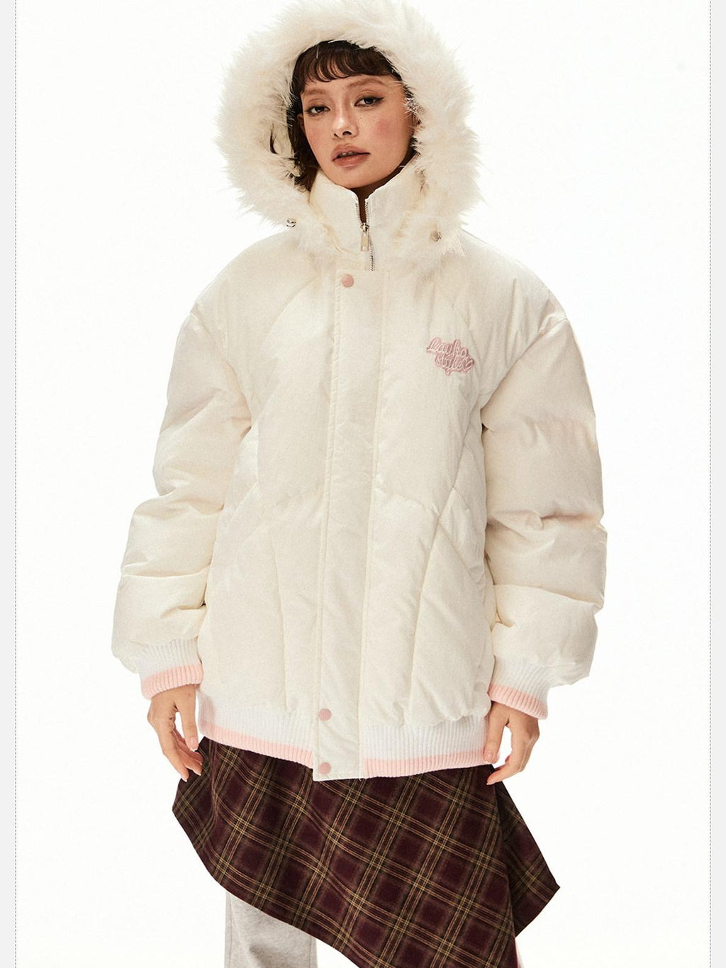 EZEK Ivory Fur Collar Hooded Zipper Loose Fit Petite Women's Cotton Puffer Jackets