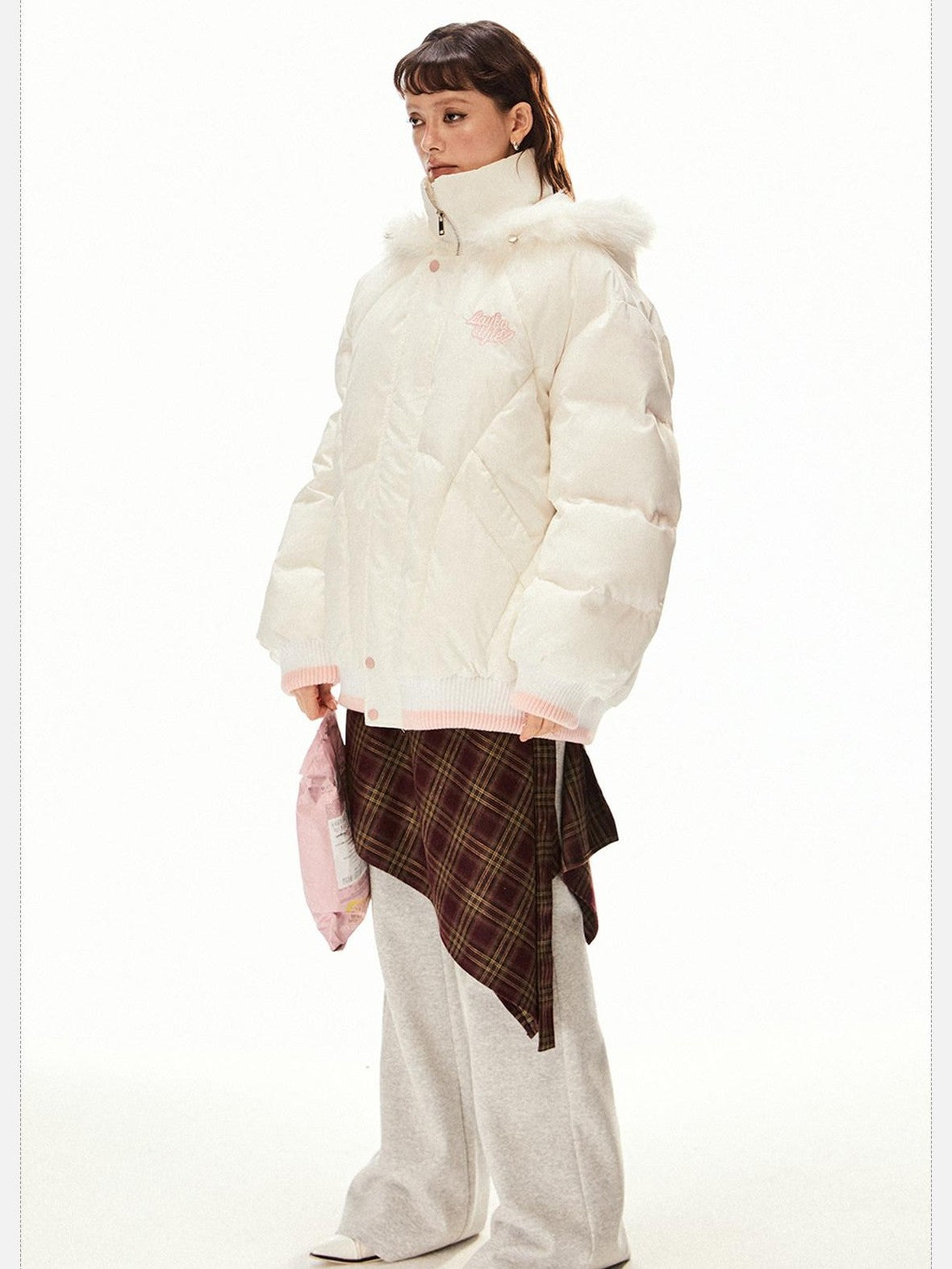 EZEK Ivory Fur Collar Hooded Zipper Loose Fit Petite Women's Cotton Puffer Jackets