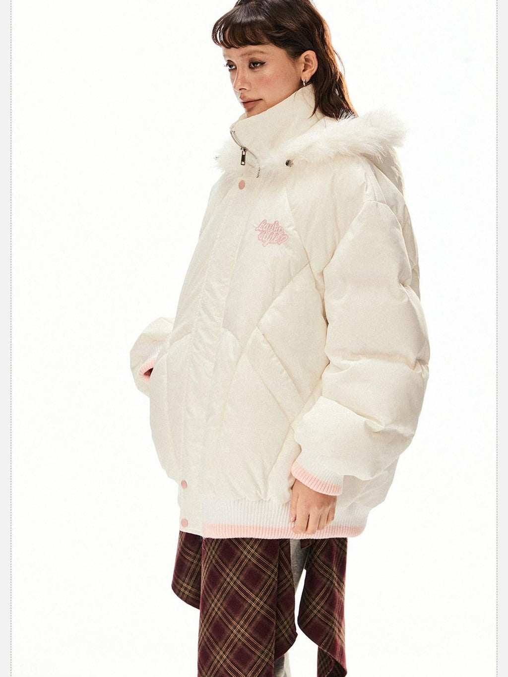 EZEK Ivory Fur Collar Hooded Zipper Loose Fit Petite Women's Cotton Puffer Jackets