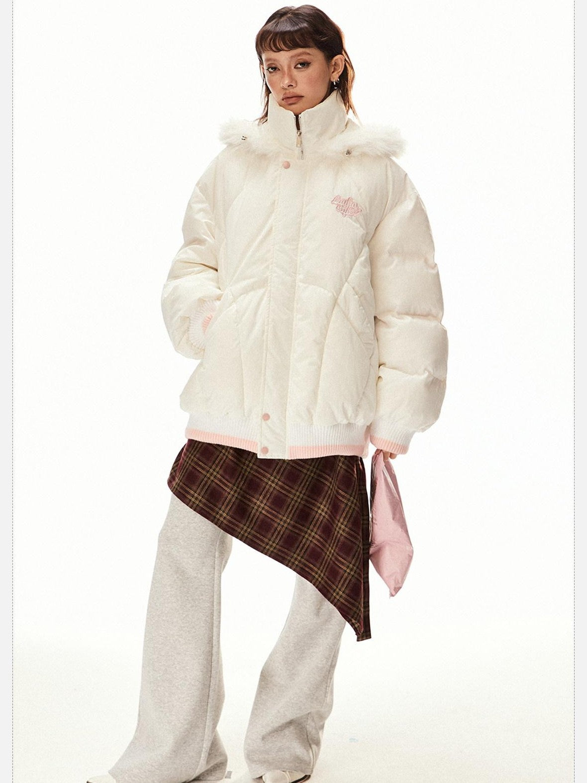EZEK Ivory Fur Collar Hooded Zipper Loose Fit Petite Women's Cotton Puffer Jackets