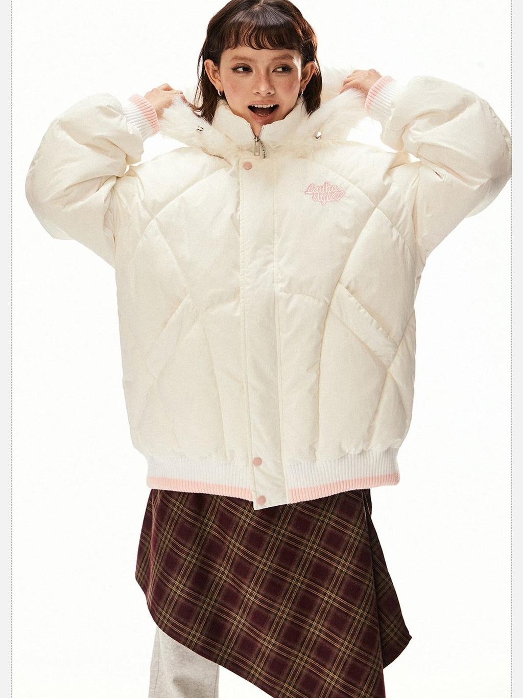 EZEK Ivory Fur Collar Hooded Zipper Loose Fit Petite Women's Cotton Puffer Jackets