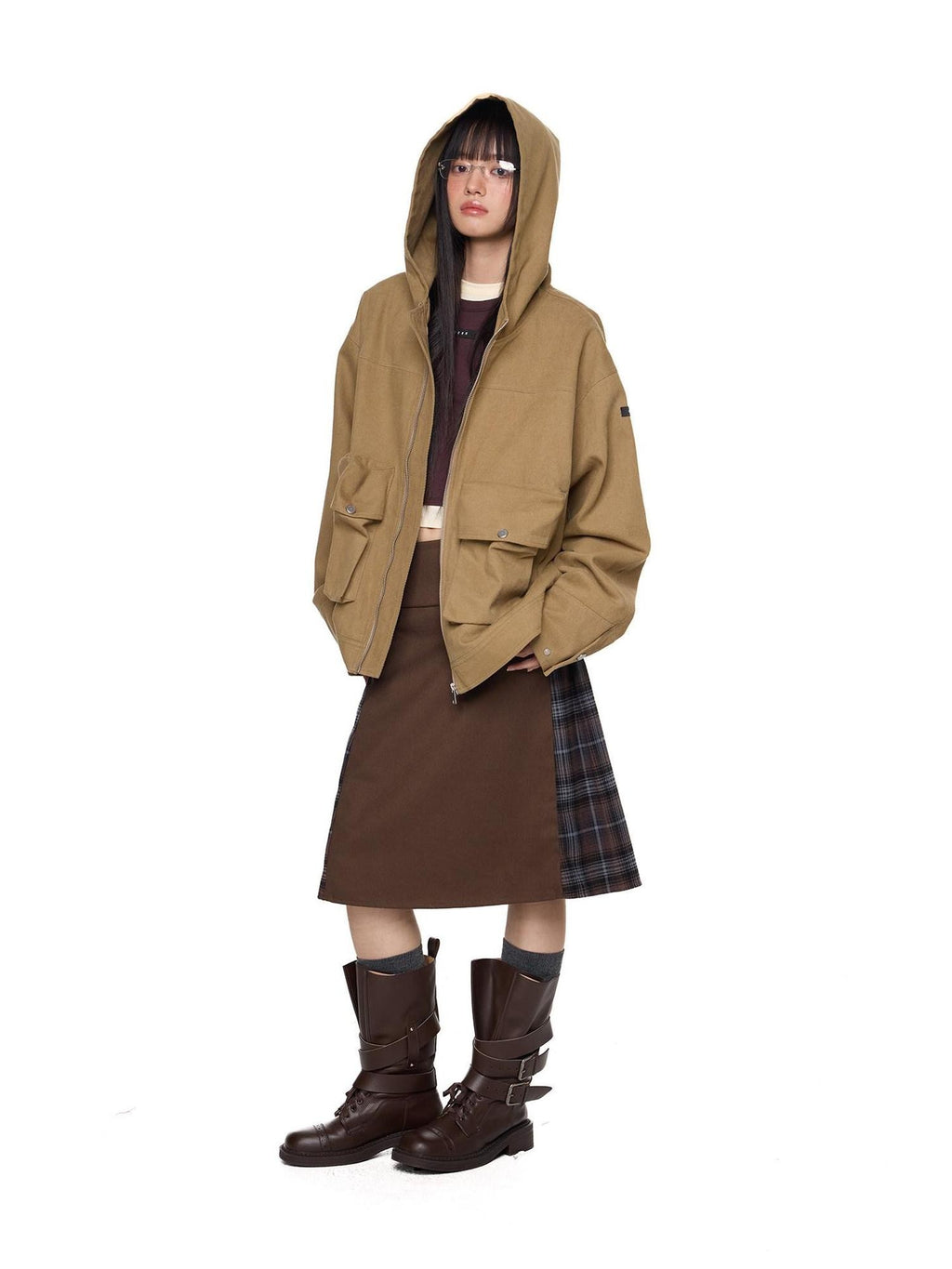 EZEK Khaki Hooded Zipper Flap Pocket Loose Ribbed Hem Women's Cotton Casual Jackets