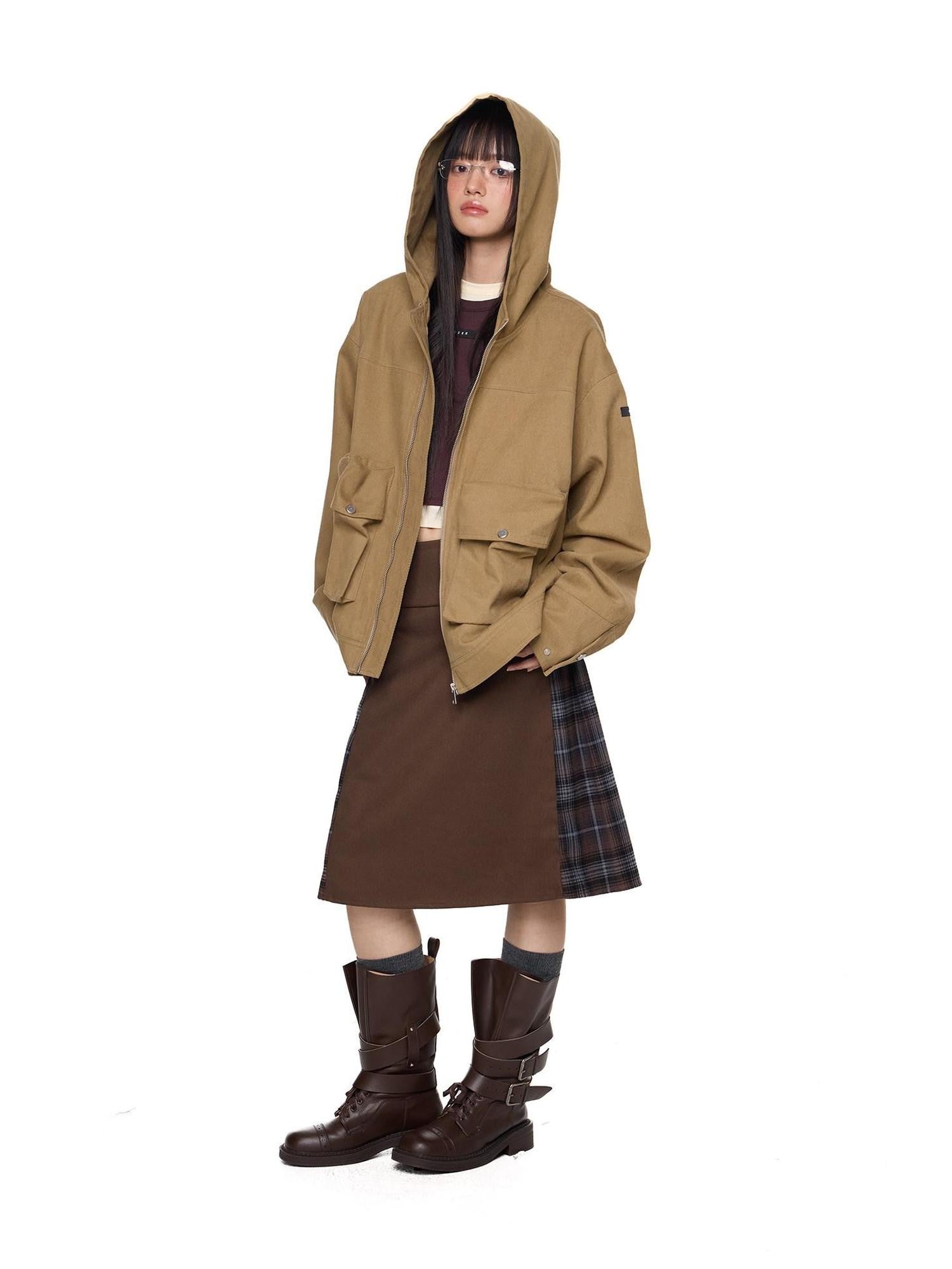 EZEK Khaki Hooded Zipper Flap Pocket Loose Ribbed Hem Women's Cotton Casual Jackets