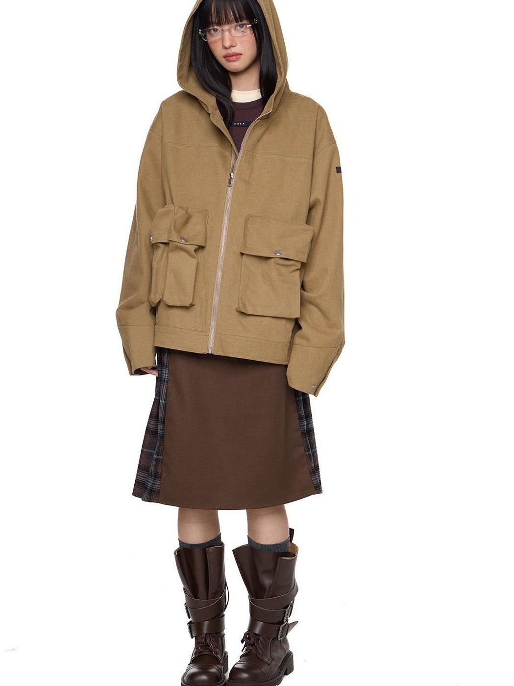 EZEK Khaki Hooded Zipper Flap Pocket Loose Ribbed Hem Women's Cotton Casual Jackets