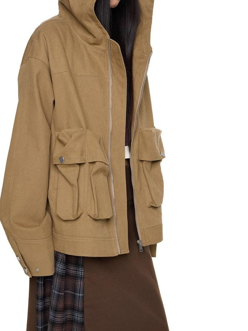EZEK Khaki Hooded Zipper Flap Pocket Loose Ribbed Hem Women's Cotton Casual Jackets