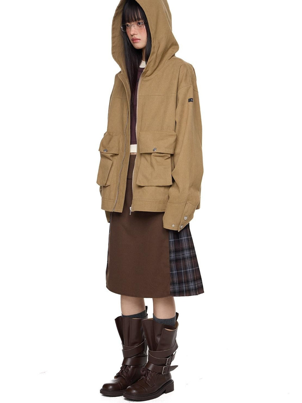 EZEK Khaki Hooded Zipper Flap Pocket Loose Ribbed Hem Women's Cotton Casual Jackets