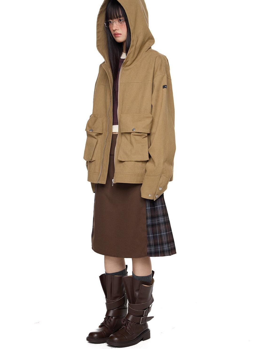 EZEK Khaki Hooded Zipper Flap Pocket Loose Ribbed Hem Women's Cotton Casual Jackets