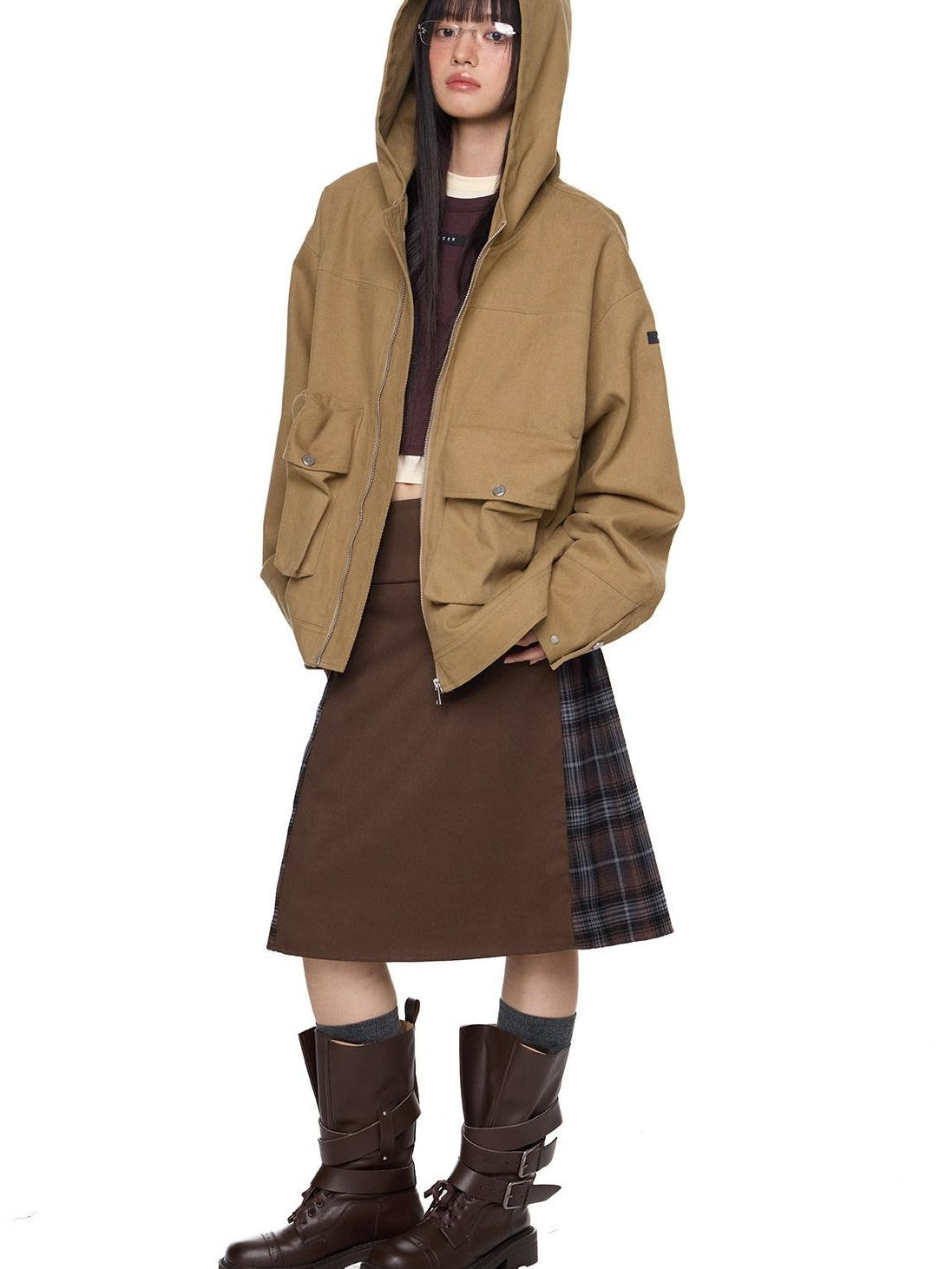 EZEK Khaki Hooded Zipper Flap Pocket Loose Ribbed Hem Women's Cotton Casual Jackets