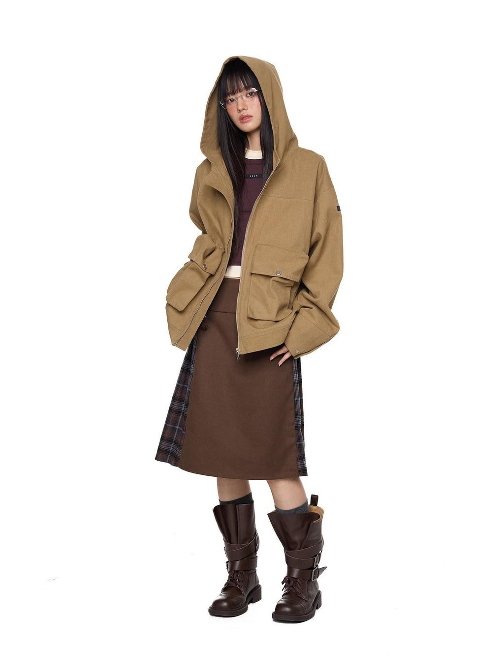 EZEK Khaki Hooded Zipper Flap Pocket Loose Ribbed Hem Women's Cotton Casual Jackets