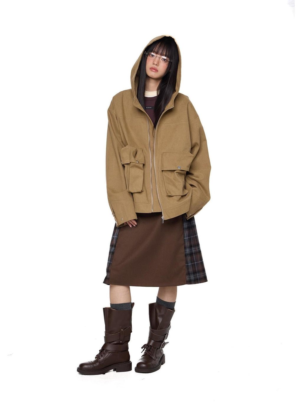 EZEK Khaki Hooded Zipper Flap Pocket Loose Ribbed Hem Women's Cotton Casual Jackets
