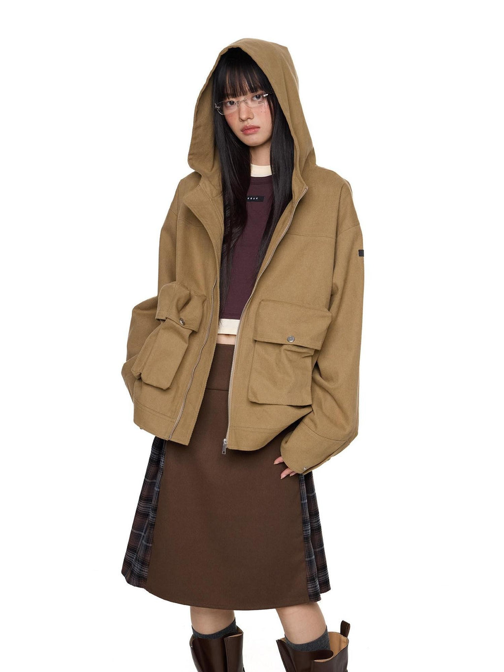 EZEK Khaki Hooded Zipper Flap Pocket Loose Ribbed Hem Women's Cotton Casual Jackets