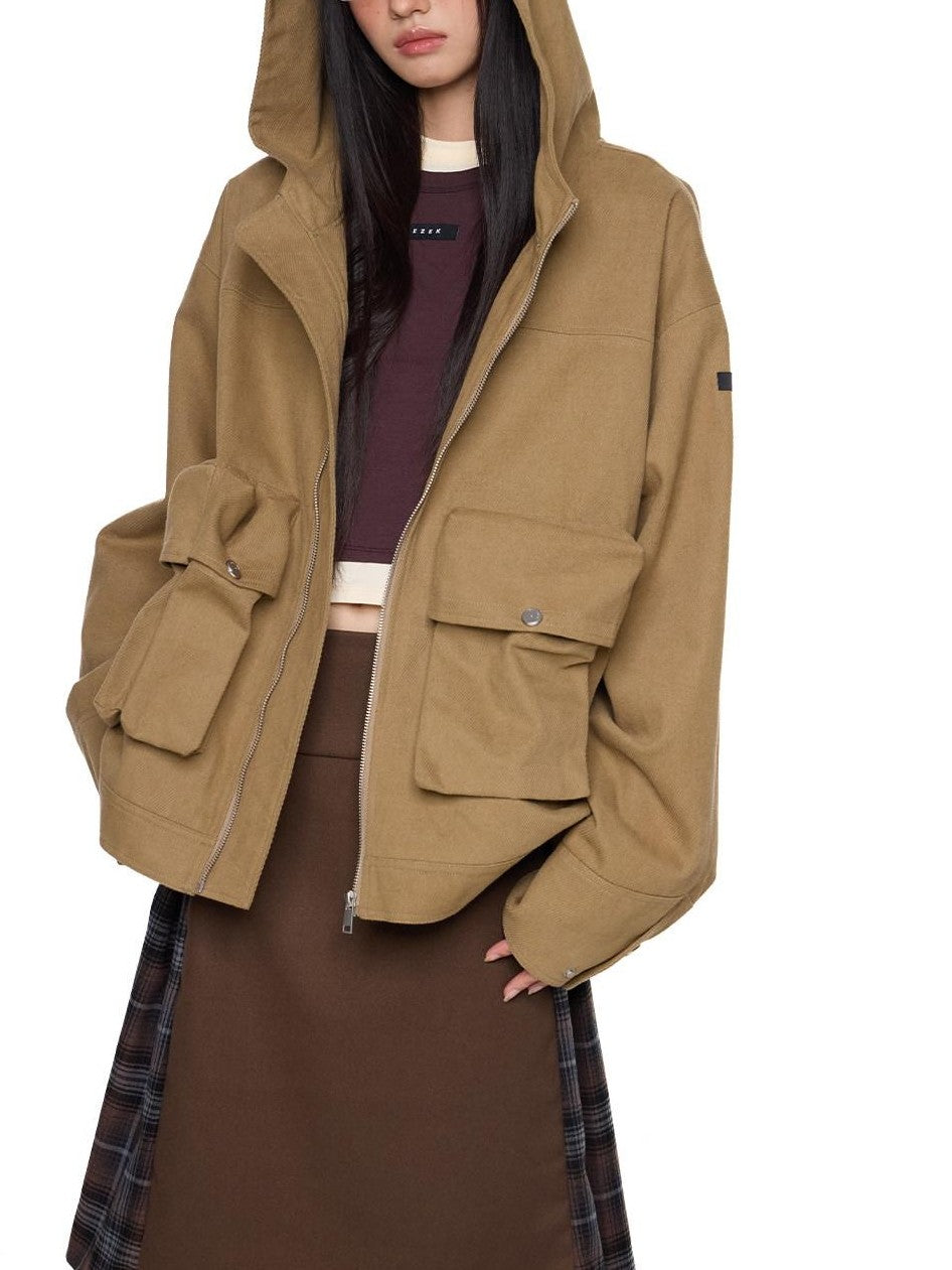 EZEK Khaki Hooded Zipper Flap Pocket Loose Ribbed Hem Women's Cotton Casual Jackets