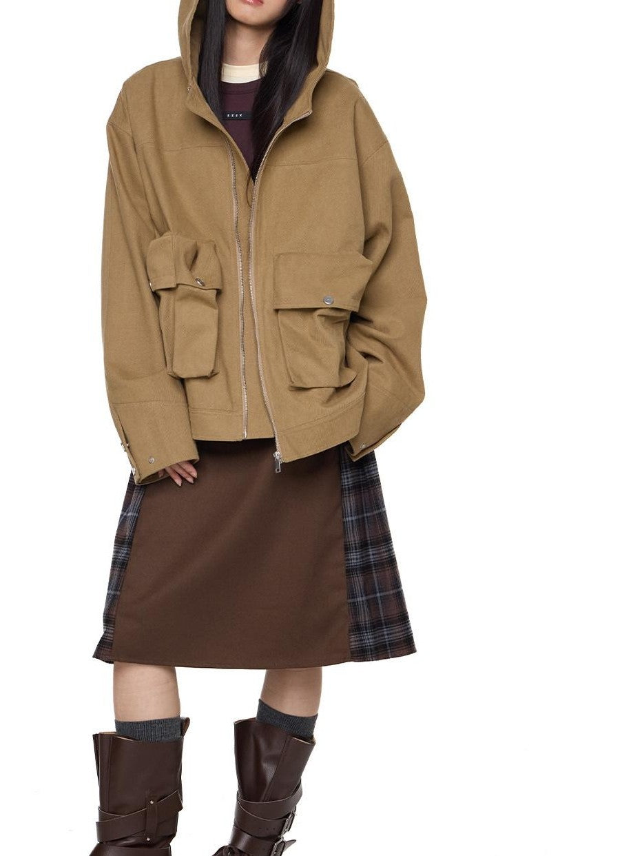 EZEK Khaki Hooded Zipper Flap Pocket Loose Ribbed Hem Women's Cotton Casual Jackets