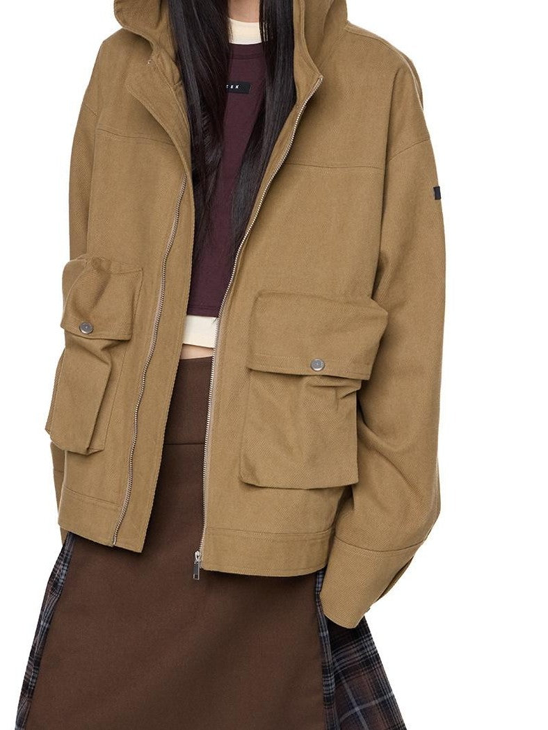 EZEK Khaki Hooded Zipper Flap Pocket Loose Ribbed Hem Women's Cotton Casual Jackets