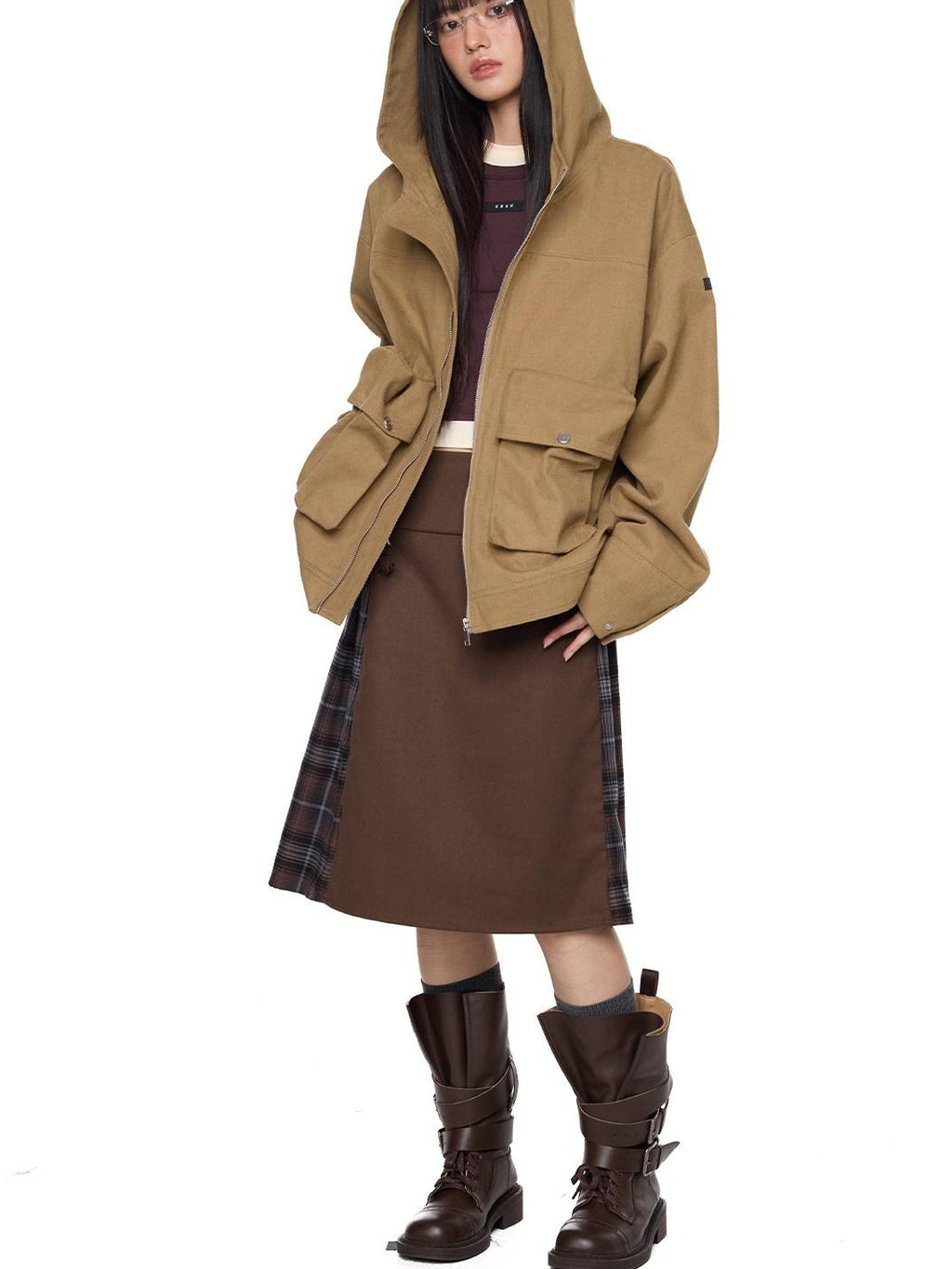 EZEK Khaki Hooded Zipper Flap Pocket Loose Ribbed Hem Women's Cotton Casual Jackets